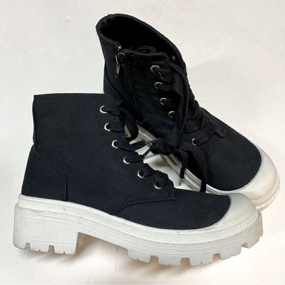 PORTLAND Boot Company Canvas Lug Sole lace up Y2K zip up moto combat boots 6 - Picture 3 of 10